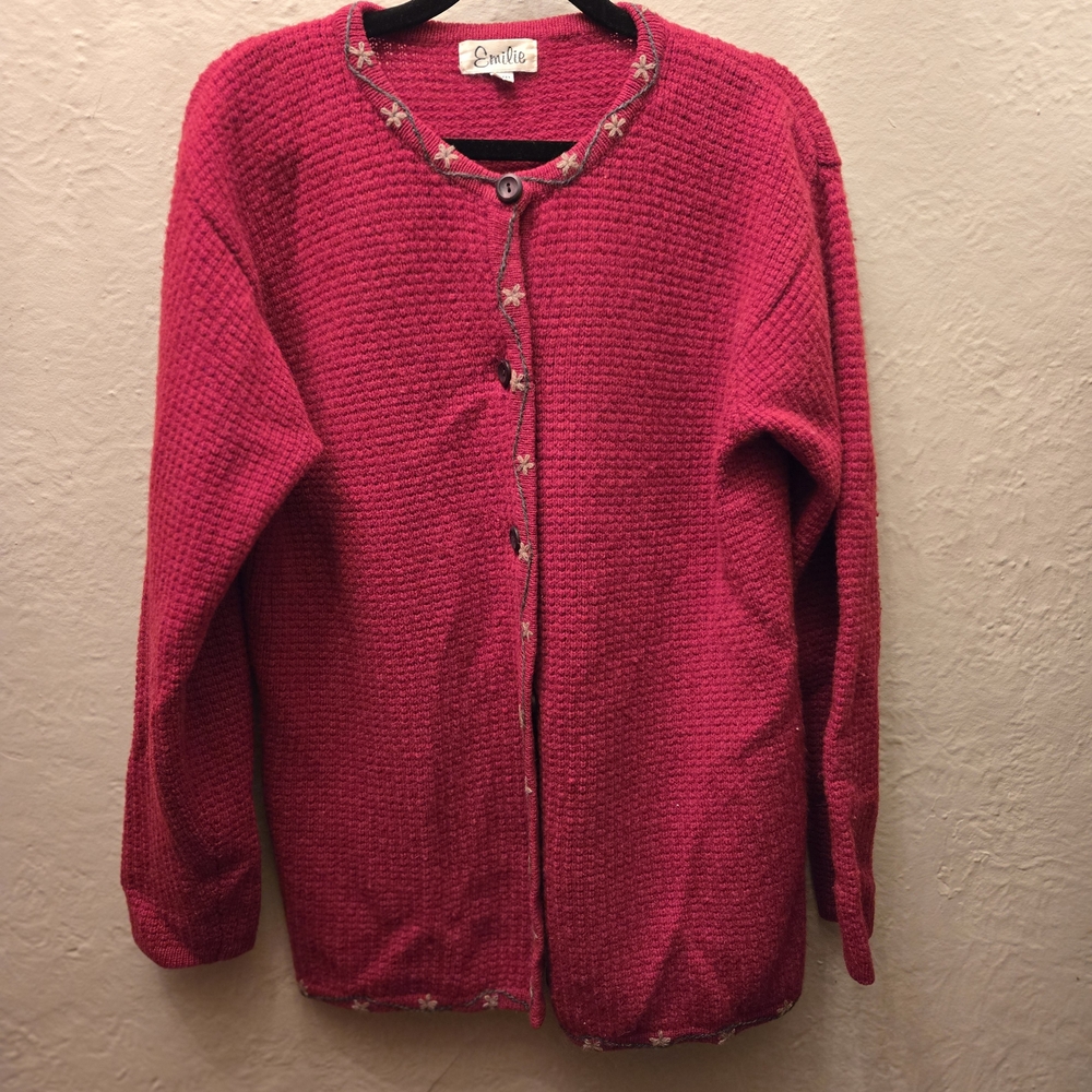 Vintage Emilie Red Wool Cardigan Embroidered Folk Sweater